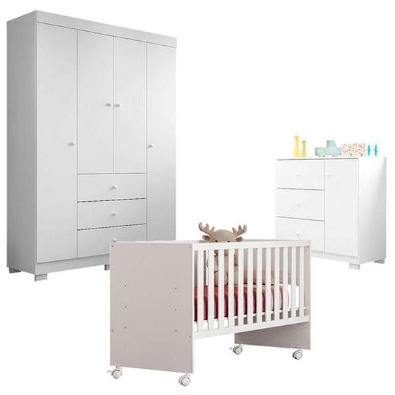 Imagem de Quarto de Bebê Duda 4 Portas com Berço Nacional Doce Sonho 3540 Branco Brilho  Phoenix Baby