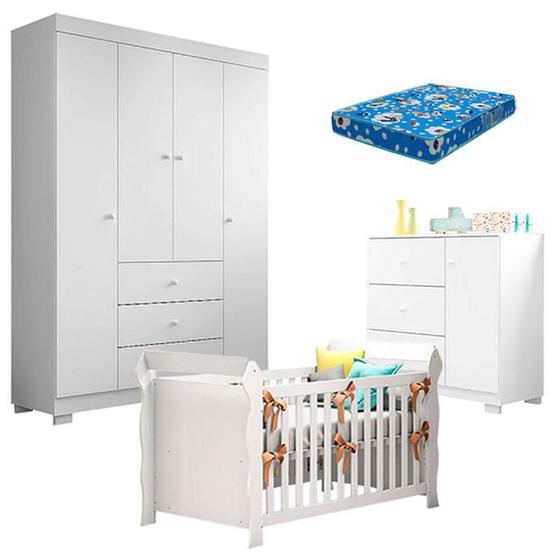 Imagem de Quarto de Bebê Duda 4 Portas e Berço Americano Lara Branco Brilho com Colchão Ortobom  Phoenix Baby