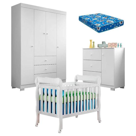 Imagem de Quarto de Bebê Duda 4 Portas e Berço Americano Lila Branco Brilho com Colchão Ortobom  Phoenix Baby