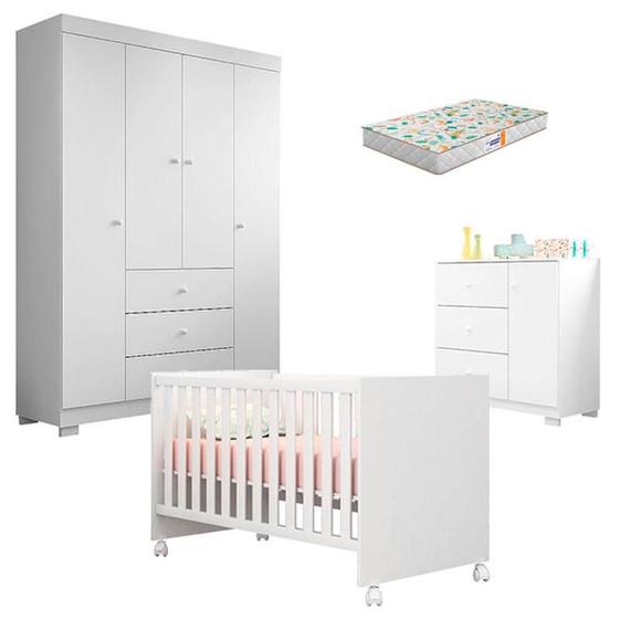 Imagem de Quarto de Bebê Duda 4 Portas e Berço Americano Mini Cama Doce Sonho 100 Branco Brilho com Colchão Gazin  Phoenix Baby