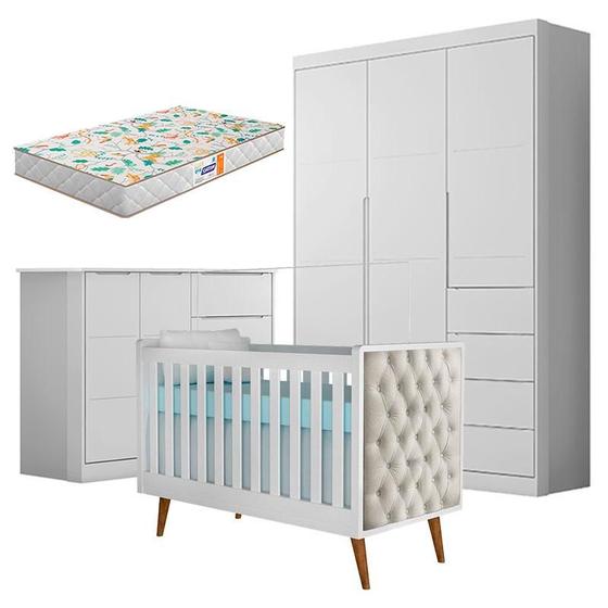 Imagem de Quarto de Bebê Eloá com Berço Americano Lorena Branco Acetinado com Capitonê Bege e Colchão Gazin  Phoenix Baby