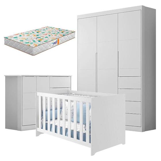 Imagem de Quarto de Bebê Eloá com Berço Americano Mali Branco Acetinado com Colchão Gazin  Phoenix Baby