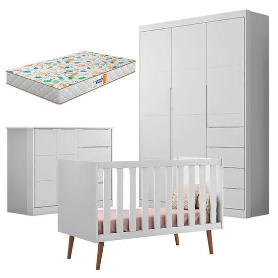 Imagem de Quarto de Bebê Eloá com Berço Americano Retrô Ana Branco Acetinado e Colchão Gazin  Phoenix Baby