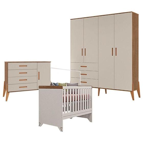 Imagem de Quarto De Bebê Emilly 4 Portas Com Berço Americano Retro Maya Off White Carvalho - Canaã