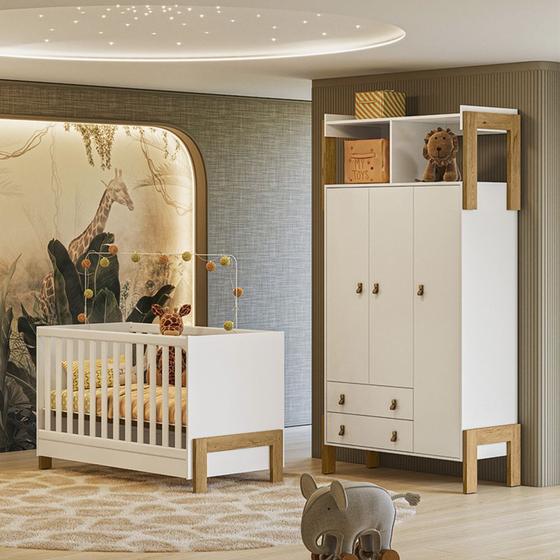 Imagem de Quarto de Bebê Fantasia com Roupeiro 4375 e Berço Mini Cama 4300 Qmovi Branco Acetinado