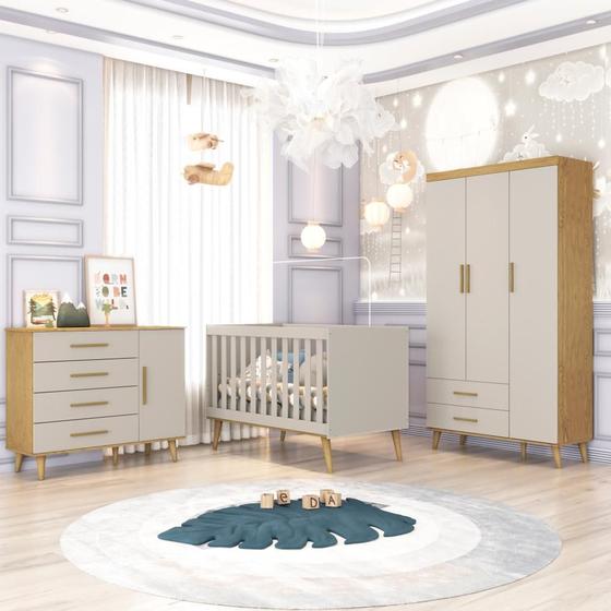 Imagem de Quarto de Bebê Guarda Roupa 3 Portas com Gavetas Ludmila Cômoda 4 Gavetas com Fraldário Ludmila Berço 3 em 1 Ludmila Off White Carolina Baby