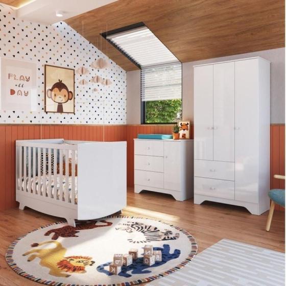 Imagem de Quarto de Bebê Guarda Roupa 3 Portas Cômoda e Berço Americano Kakau Retrô Espresso Móveis Branco Brilho