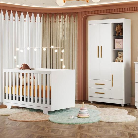 Imagem de Quarto de Bebê Guarda Roupa 3 Portas e Berço Mini Cama 100% MDF com Colchão Nina Branco
