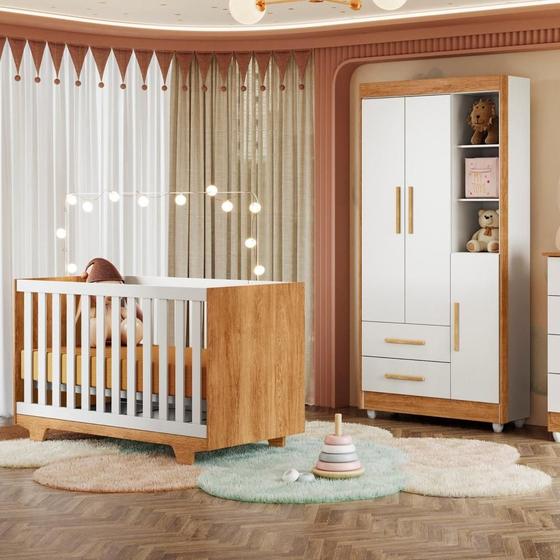 Imagem de Quarto de Bebê Guarda Roupa 3 Portas e Berço Mini Cama 100% MDF Nina Amadeirado/Branco