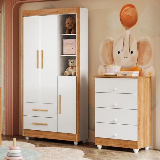 Imagem de Quarto de Bebê Guarda Roupa 3 Portas e Cômoda 100% MDF Nina Amadeirado/Branco