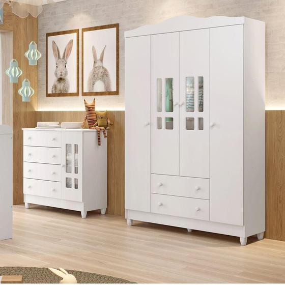 Quarto de Bebê Guarda Roupa 4 Portas c/ Gavetas Cômoda 4 Gavetas c ...