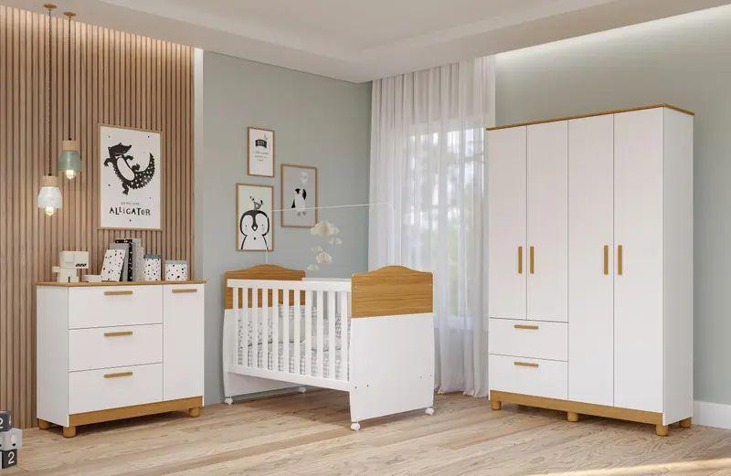 Imagem de Quarto de Bebê Guarda-Roupa 4 Portas Cômoda e Berço Branco/Nature - Permobili