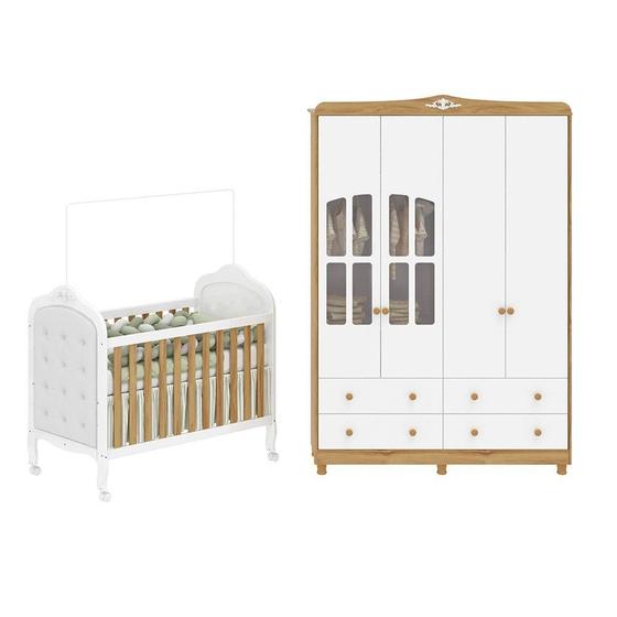 Imagem de Quarto de Bebê Guarda-roupa com Janelas e Berço com Capitonê Maya Clássico 100% Mdf Espresso Móveis Branco Brilho/Amêndoa/Branco