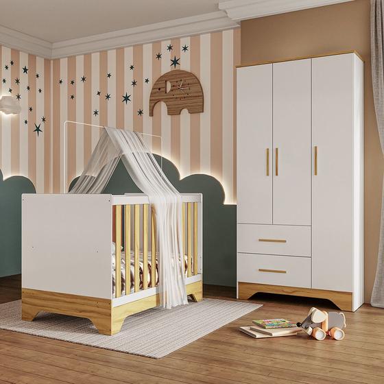 Imagem de Quarto de Bebê Guarda Roupa e Berço 3 em 1 100 MDF Popy Móveis Peroba