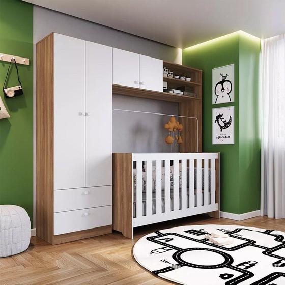 Imagem de Quarto de Bebê Guarda Roupa e Berço 3 em 1 com Colchão Inmetro LA031 Nogal/Branco - Completa Móveis