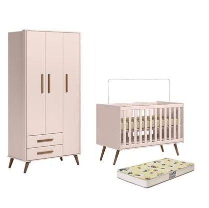 Imagem de Quarto de Bebê Guarda Roupa e Berço Mini Cama com Colchão Cama Encanto Retrô Rosa