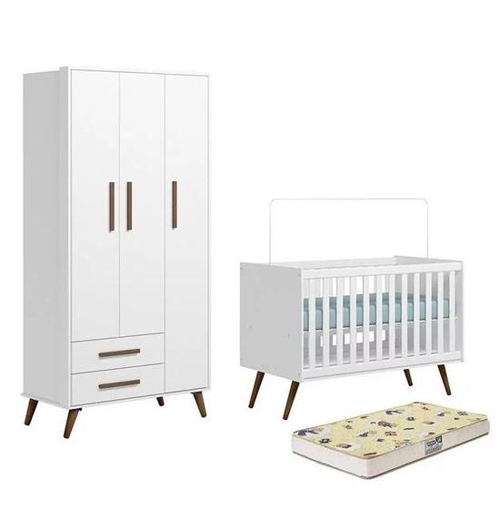 Imagem de Quarto de Bebê Guarda Roupa e Berço Mini Cama com Colchão Encanto Retrô Branco