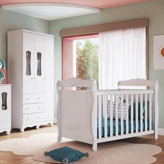 Imagem de Quarto de Bebê Guarda Roupas 3 Portas com Janelas e Berço Mini Cama 100% Mdf Aurora Espresso Móveis Branco Brilho