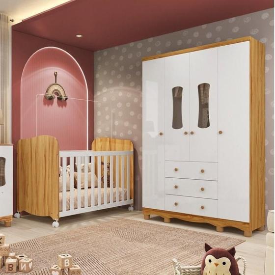 Imagem de Quarto de Bebê Guarda Roupas 4 Portas 3 Gavetas e Berço Espresso Móveis Branco Brilho/Amêndoa