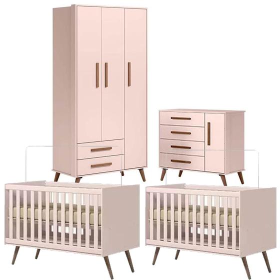 Imagem de Quarto de Bebê Kit Gemeos com Guarda Roupa 3 Portas, Cômoda e 2 Berço Retro Rosa QEncanto