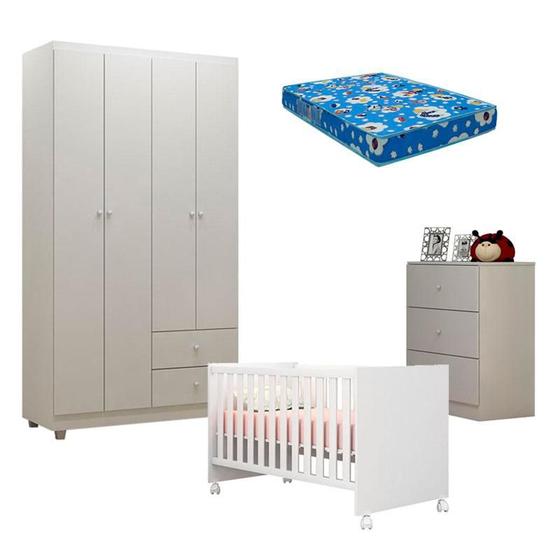 Imagem de Quarto de Bebê Louise 4 Portas com Berço Doce Sonho 100 Rodízios Branco Brilho e Colchão - AJL