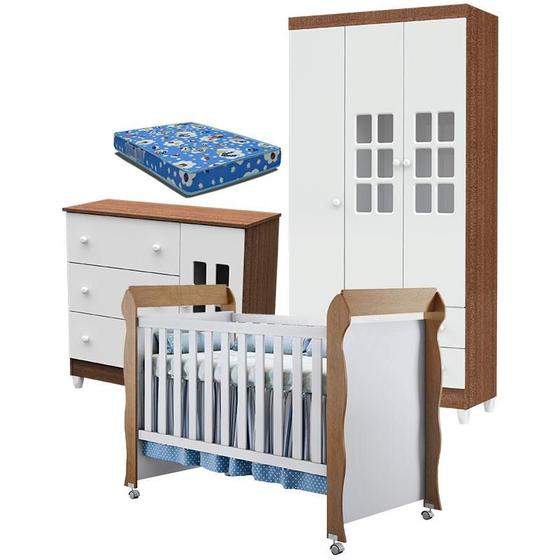 Imagem de Quarto de Bebê Mariah 3P com Berço Mirelle Branco Acetinado Amadeirado com Colchão - Carolina