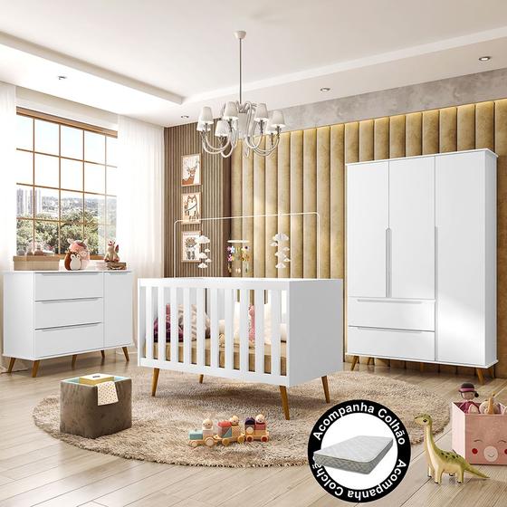 Imagem de Quarto de Bebê Melinda com Berço Americano Retrô Ana Branco e Colchão  Mobili - 100% MDF