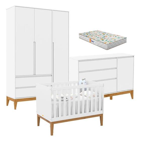 Imagem de Quarto de Bebê Nature Clean 3 Portas com Berço Unique Branco Soft Eco Wood e Colchão Gazin  Matic