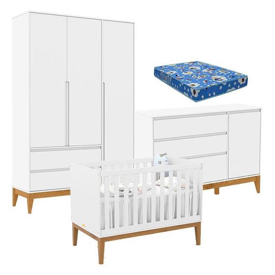 Imagem de Quarto de Bebê Nature Clean 3 Portas com Berço Unique Branco Soft Eco Wood e Colchão Ortobom  Matic