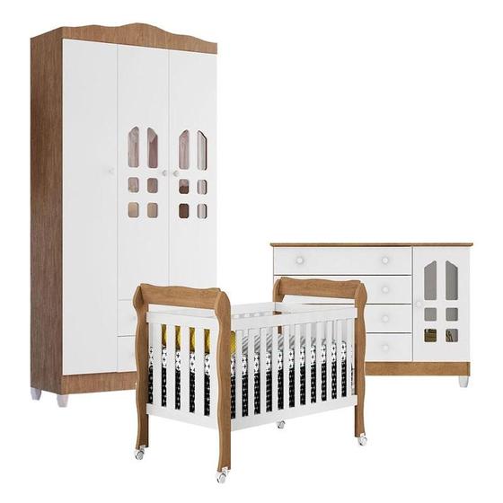 Imagem de Quarto de Bebê New Selena 3 Portas com Berço Lila e Cômoda Gran Selena Branco Acetinado Amadeirado  Carolina Móveis