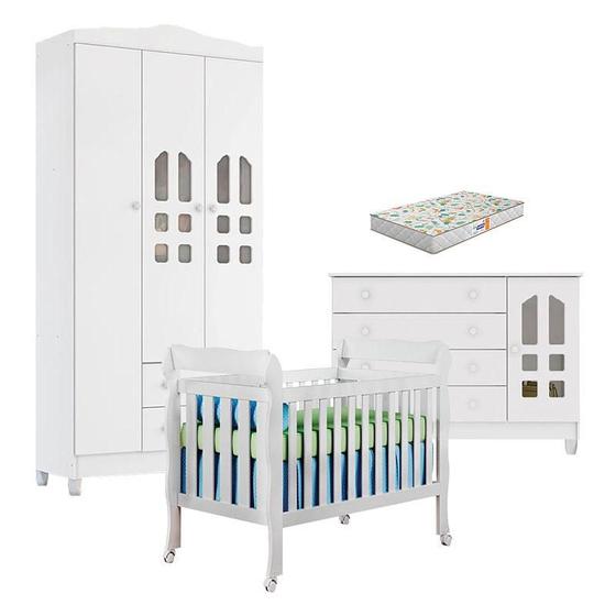 Imagem de Quarto de Bebê New Selena 3 Portas com Berço Lila e Cômoda Gran Selena Branco Brilho e Colchão Gazin  Carolina Móveis