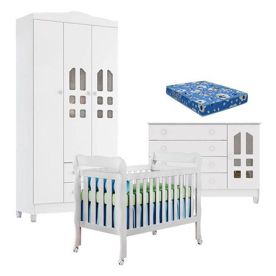 Imagem de Quarto de Bebê New Selena 3 Portas com Berço Lila e Cômoda Gran Selena Branco Brilho e Colchão Ortobom  Carolina Móveis