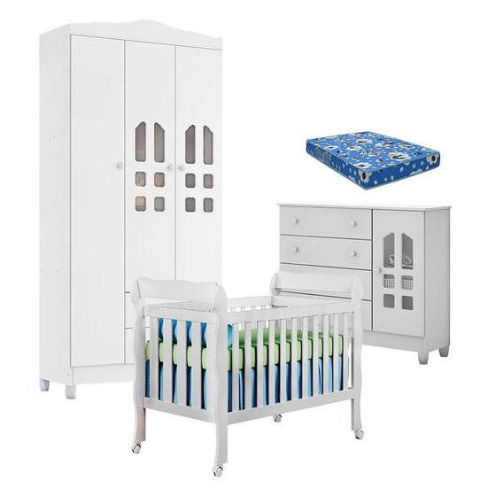 Imagem de Quarto de Bebê New Selena 3 Portas com Berço Lila e Cômoda Selena Branco Brilho e Colchão Ortobom  Carolina Móveis