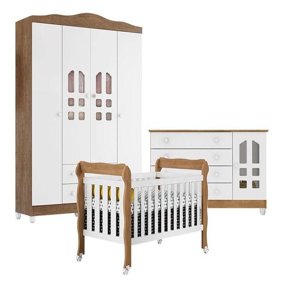 Imagem de Quarto de Bebê New Selena 4 Portas com Berço Lila e Cômoda Gran Selena Branco Acetinado Amadeirado  Carolina Móveis