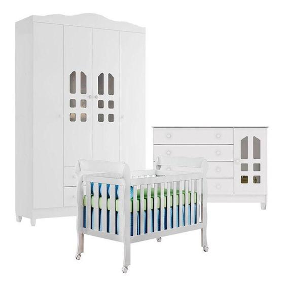 Imagem de Quarto De Bebê New Selena 4 Portas Com Berço Lila E Cômoda Gran Selena Branco Brilho