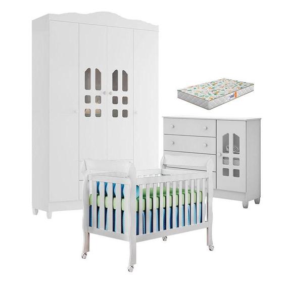 Imagem de Quarto de Bebê New Selena 4 Portas com Berço Lila e Cômoda Selena Branco Brilho e Colchão Gazin  Carolina Móveis