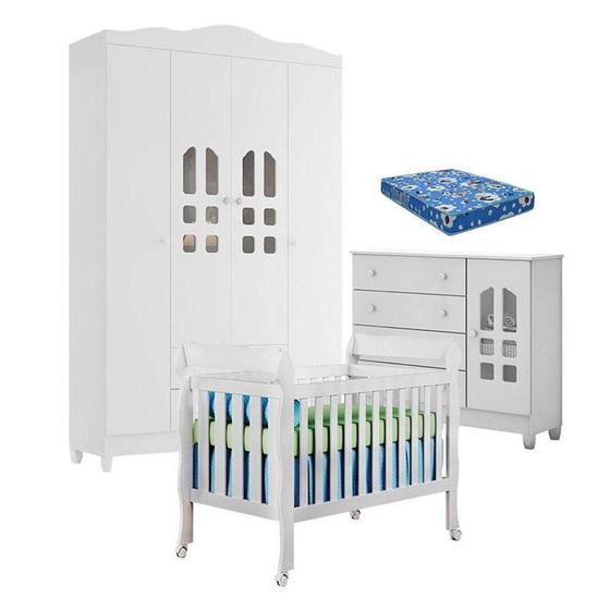 Imagem de Quarto De Bebê New Selena 4 Portas Com Berço Lila E Cômoda Selena Branco Brilho E Colchão Ortobom