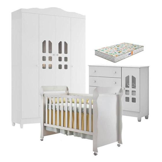 Imagem de Quarto de Bebê New Selena 4 Portas com Cômoda Selena e Berço Mirelle Branco Brilho e Colchão Gazin  Carolina Móveis