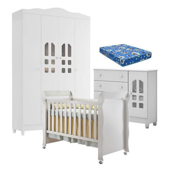 Imagem de Quarto de Bebê New Selena 4 Portas com Cômoda Selena e Berço Mirelle Branco Brilho e Colchão Ortobom  Carolina Móveis