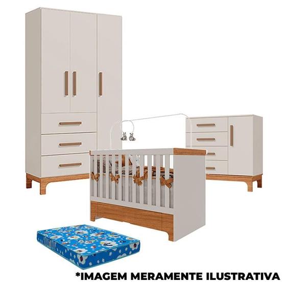 Imagem de Quarto de Bebê Pega Pega e Berço Americano Mini Cama com Gaveta Antonella Off White Caramelo e Colchão - Canaã