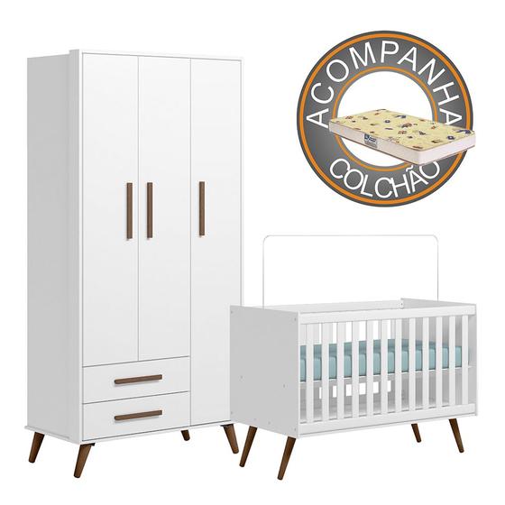 Imagem de Quarto de Bebê Qencanto com Roupeiro e Berço Qmovi Branco + Colchão Gazin
