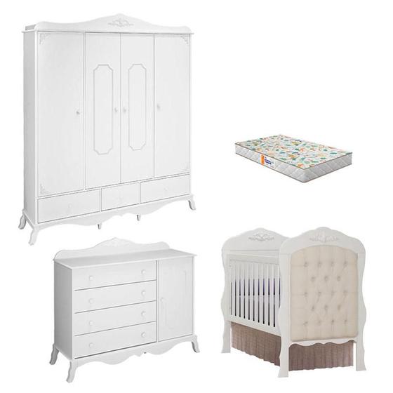 Imagem de Quarto de Bebê Realeza Cômoda 1 Porta Berço com Capitonê Branco Acetinado e Colchão Gazin  Canaã