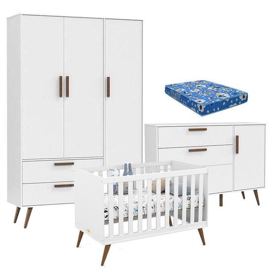 Imagem de Quarto de Bebê Retrô 3 Portas com Berço Retrô Gold Branco Soft Eco Wood com Colchão Ortobom - Matic 