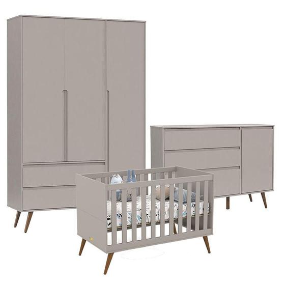 Imagem de Quarto de Bebê Retrô Clean 3 Portas com Berço Retrô Gold Cinza Soft Eco Wood - Matic 