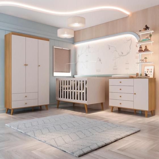 Imagem de Quarto de Bebê Retrô Lígia Berço 3 em 1 Guarda Roupa 3 Portas Cômoda com Porta Off White Carolina Baby