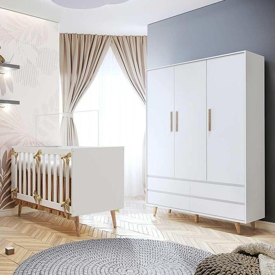 Imagem de Quarto de Bebê Retrô Lorena Berço 3 em 1 Ludmila Guarda Roupa Infantil Branco Bétula Carolina Baby