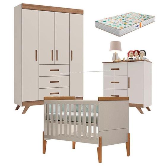 Imagem de Quarto De Bebê Retro Maya E Berço Americano Emilly Off White Carvalho Com Colchão Gazin - Canaã