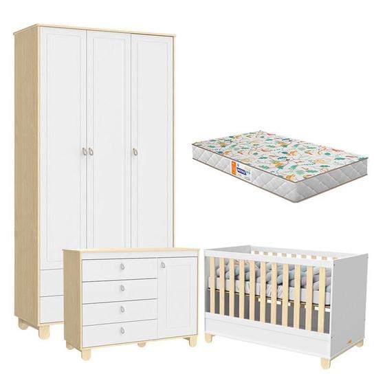 Imagem de Quarto de Bebê Rope 3 Portas Natural Branco com Colchão Gazin  Matic 