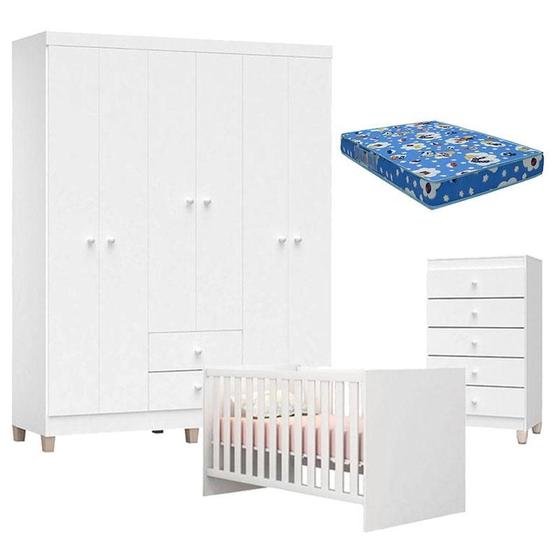 Imagem de Quarto de Bebê Ternura Baby 6 Portas com Cômoda Gaveteiro Branco Brilho com Colchão - Incorplac