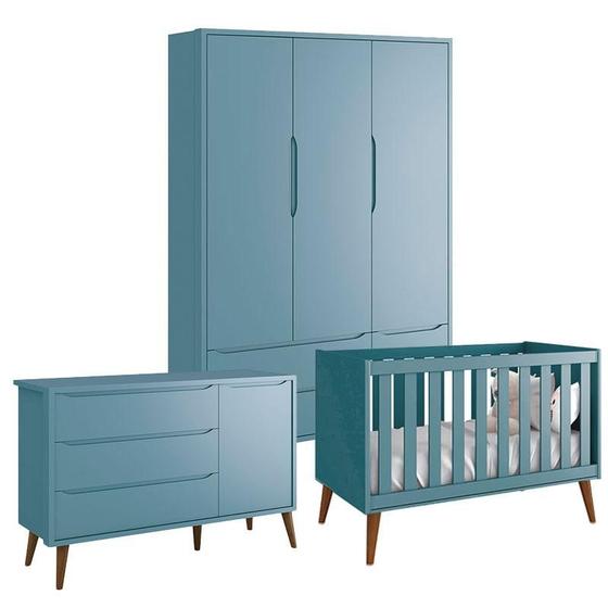 Imagem de Quarto de Bebê Theo 3 Portas Azul com Pés Amadeirados  Reller